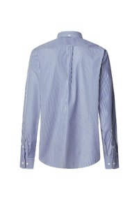 Camicia a maniche lunghe con un motivo a righe verticali blu e bianche, colletto a bottoni e vestibilità affinata. Materiale in cotone, rifinita con polsini.