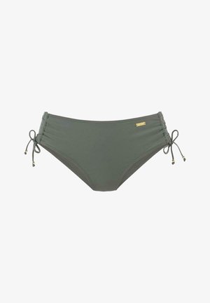 Olijfgroen bikini broekje van zachte stof, met verstelbare zijknoopjes voorzien van goudkleurige kralen en geplooide details aan de zijkanten.