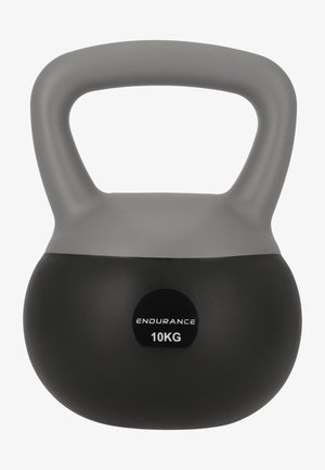 Svart kettlebell med ett grått handtag, märkta "ENDURANCE 10KG." Har en jämn matt yta och en rund, kompakt form. Lämplig för styrketräning.