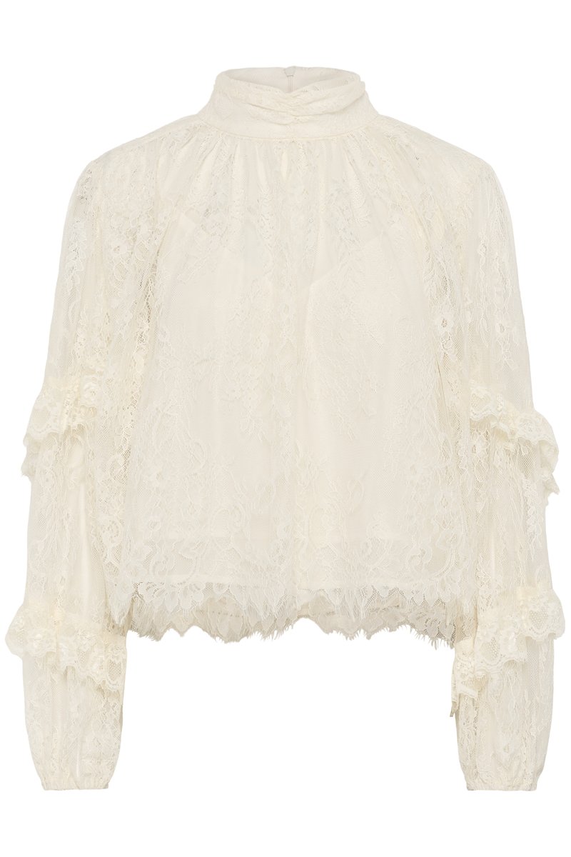 Hochkragen, langärmlige Creme-Spitzenbluse mit Rüschenschichten an den Ärmeln und gewelltem Saum.