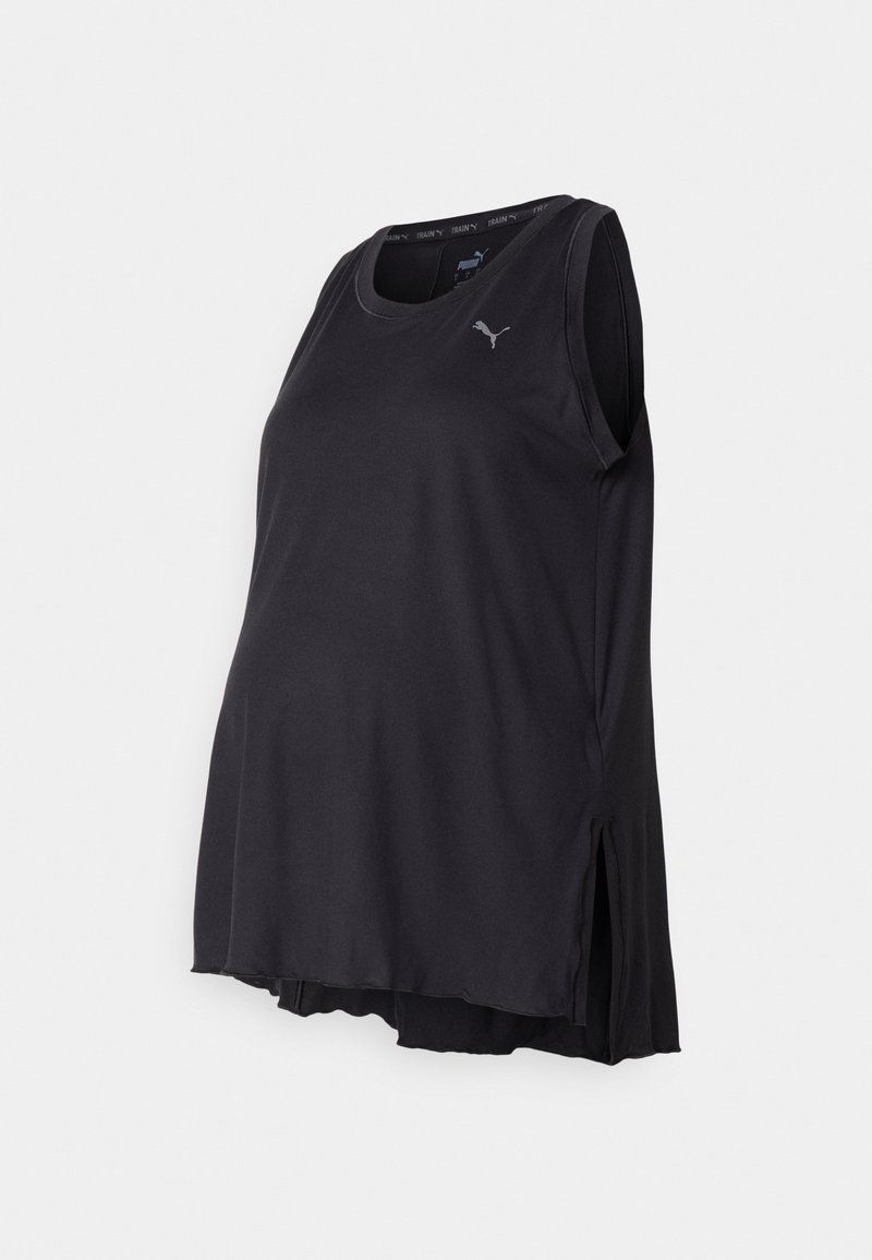 Débardeur de sport noir sans manches, taille ample, avec petit logo Puma sur la poitrine et fentes latérales, présenté sur fond blanc.