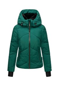 Green puffer jacket with a high collar, zippered front, and zip pockets. Features stitched diamond patterns and black accent details.