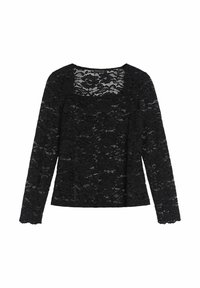 Zwarte kanttop met lange mouwen, vierkante halslijn, textuur met bloemenpatroon en omgeslagen randen. Lichtgewicht en semi-transparant ontwerp.