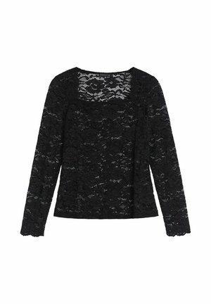 Sort blonde top med lange ærmer, firkantet udskæring, tekstureret blomsterdesign og bølgede kanter. Letvægts og semi-gennemsigtig design.