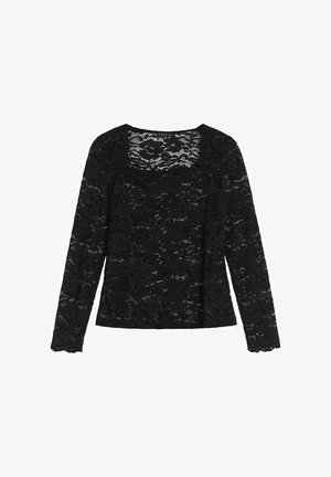 Mustat pitsipaidat, joissa on pitkät hihat, neliömäinen kaula-aukko, teksturoitu kukkakuosi ja aaltoilevat reunat. Kevyt ja puoliksi läpinäkyvä muotoilu.