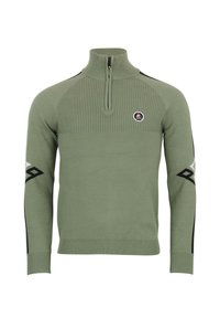 Pull vert en tricot avec col demi-fermeture éclair, texture côtelée sur la partie supérieure, et accents noirs aux épaules et aux manches avec des logos.