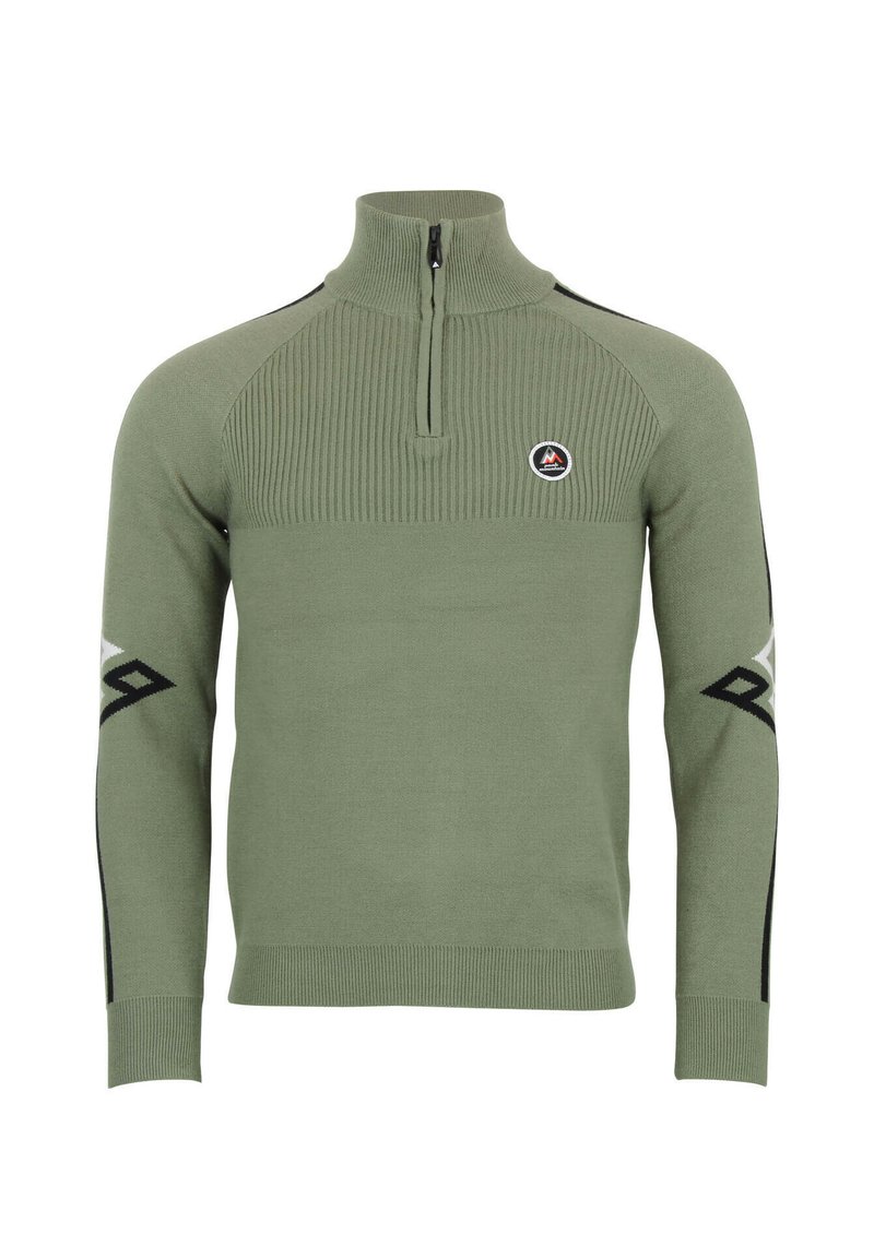 Pull vert en tricot avec col demi-fermeture éclair, texture côtelée sur la partie supérieure, et accents noirs aux épaules et aux manches avec des logos.