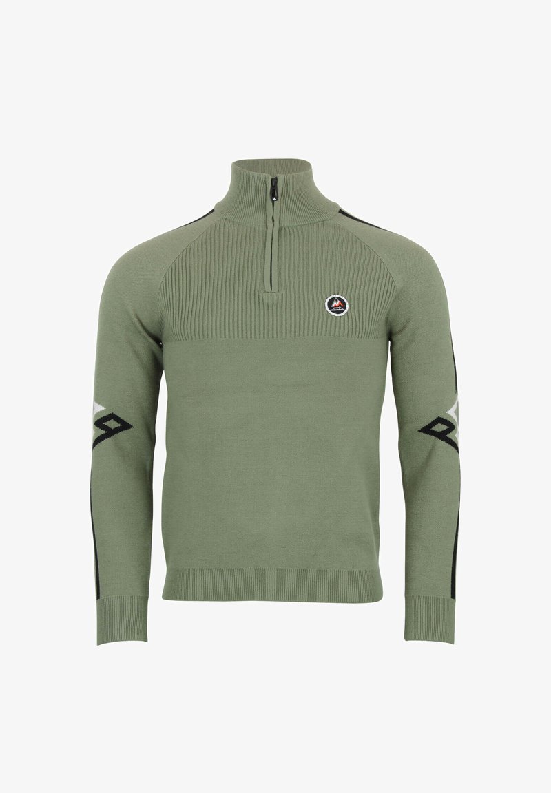 Pull vert en tricot avec col demi-fermeture éclair, texture côtelée sur la partie supérieure, et accents noirs aux épaules et aux manches avec des logos.