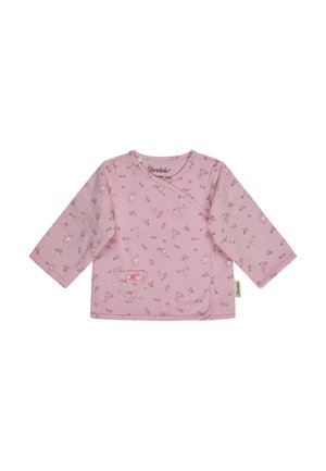 Pink long-sleeve baby shirt with bunny and floral patterns, front snap buttons, and a small pocket with a bow on plain white background.