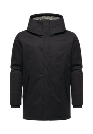 Cappotto invernale isolato nero con cappuccio, zip frontale coperta da una patta e due tasche laterali.