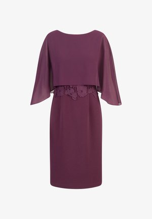 Abito viola con un rivestimento leggero e trasparente e dettagli in pizzo floreale in vita. Tessuto liscio con una linea dritta, a design al ginocchio.