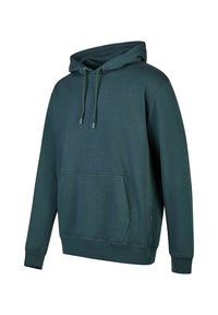 Hooded sweatshirt in dark green, made of soft fabric. Features a front pocket, adjustable drawstrings, and ribbed cuffs at the sleeves.