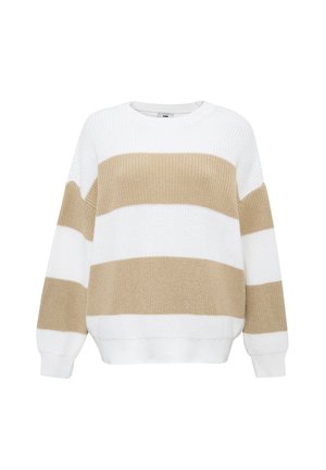 Knitted sweater featuring alternating white and beige stripes, round neckline, and long sleeves. Soft texture with a relaxed fit.