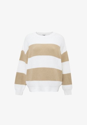 Knitted sweater featuring alternating white and beige stripes, round neckline, and long sleeves. Soft texture with a relaxed fit.