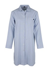 Blaue und weiße karierte Hemd mit einer Knopfleiste, langen Ärmeln und einem Kragen; verfügt über ein kleines navyfarbenes Logo auf der Brust.