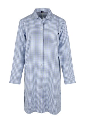 Blauw-wit geruit overhemd met een knoopsluiting aan de voorkant, lange mouwen en een kraag; heeft een klein donkerblauw logo op de borst.