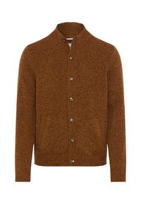 Cardigan marron en tricot avec un col montant, doté de six boutons sur le devant, ainsi que des poignets et un ourlet côtelés. Texture douce et coupe ajustée.