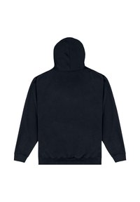 Felpa nera in cotone con un design semplice, maniche lunghe e cappuccio grande. Presenta polsini e orlo a coste, texture liscia e nessuna grafica visibile.