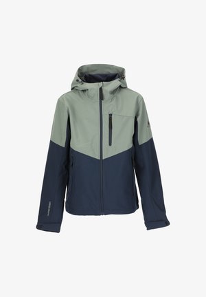 Mjuk skaljacka med en grön och marinblå färgblockdesign. Har en zippered bröstficka och justerbar huva med dragsnören.