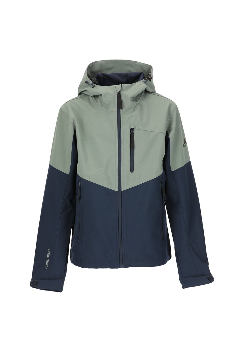 Mjuk skaljacka med en grön och marinblå färgblockdesign. Har en zippered bröstficka och justerbar huva med dragsnören.