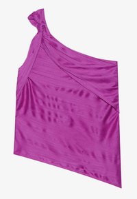 Asymmetrisk en-skulder topp i lys magenta, laget av glatt satengstoff med en knyttet detalj på skulderen og drapert design.
