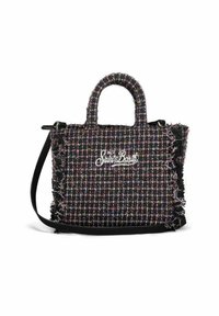Sac à main tissé noir avec des fils colorés, des détails en franges, deux poignées supérieures et une bandoulière amovible. Présente un logo brodé.