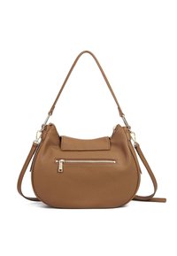 Borsa a spalla in pelle marrone a ciottoli, con forma curva, flap superiore e tasca frontale con zip. Caratterizzata da accessori in tonalità oro e una tracolla removibile.