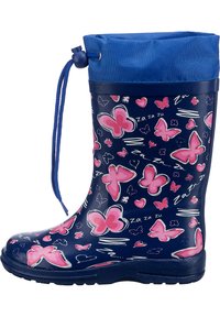 Botte de pluie en caoutchouc bleu marine, ornée de motifs de papillons roses et d'un revers en tissu bleu avec un cordon de serrage. Texture lisse avec une semelle robuste.