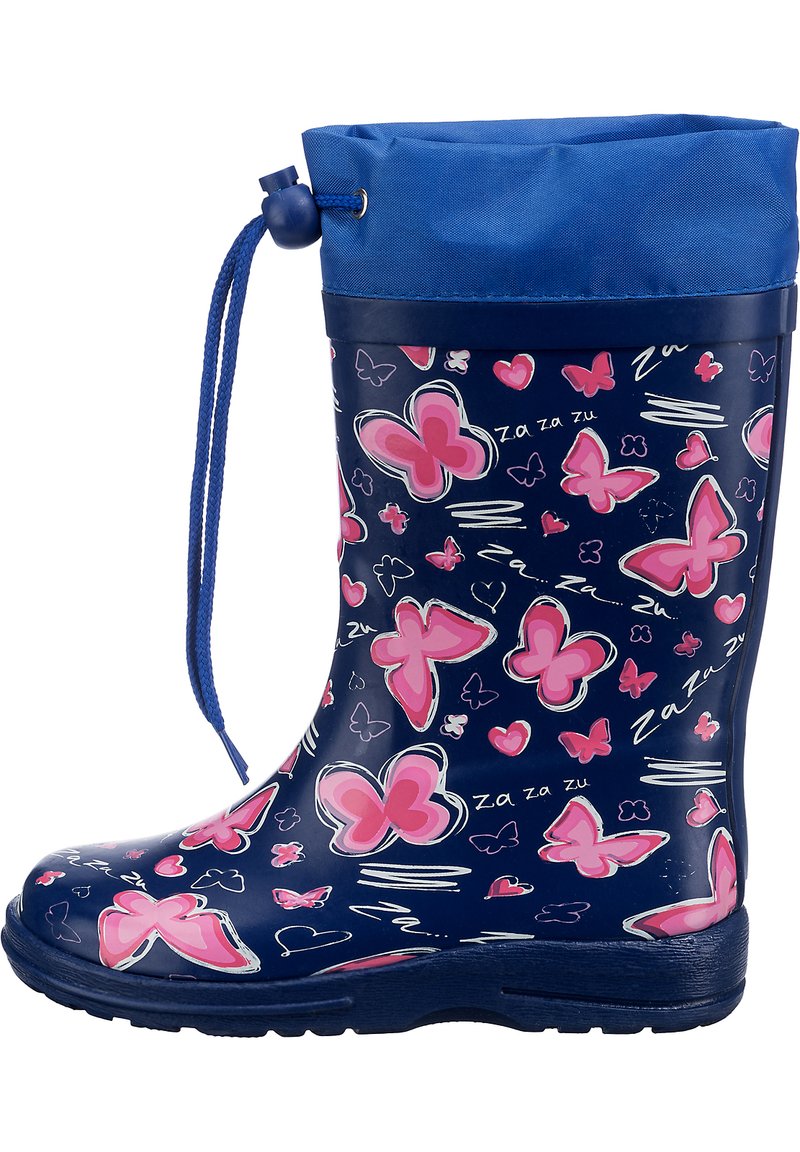 Botte de pluie en caoutchouc bleu marine, ornée de motifs de papillons roses et d'un revers en tissu bleu avec un cordon de serrage. Texture lisse avec une semelle robuste.