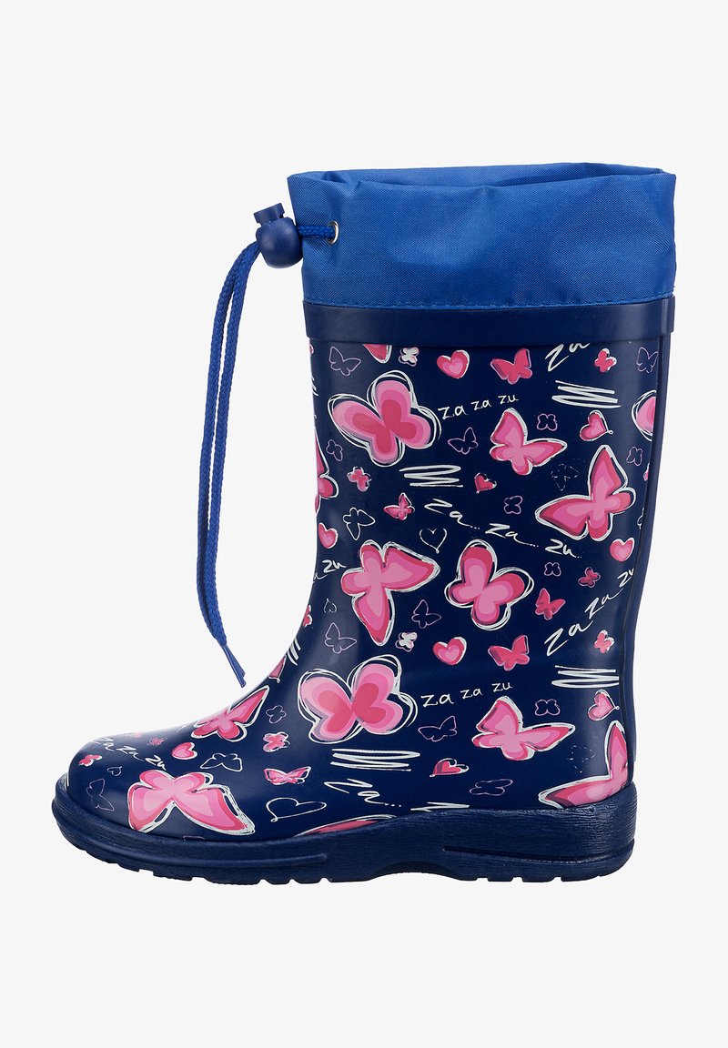 Rubberen regenlaars in marineblauw, met roze vlinderpatronen en een blauwe stofmanchet met een trekkoord. Glad oppervlak met een stevige zool.