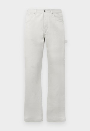 Šviesiai pilkos tiesios pritaikymo kelnės, pagamintos iš lygaus medvilninio audinio, su priekinėmis kišenėmis ir šonine cargo kišene.