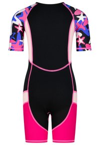 Short-sleeved wetsuit in black, featuring colorful star-patterned sleeves and pink accents. Made of smooth, stretchy material with reinforced seams.