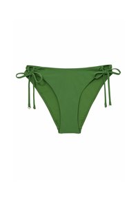 Grön bikiniunderdel tillverkad av ett slätt, stretchy material. Har justerbara sidband med små metallaccenter.
