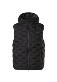 Chaleco puffer negro con capucha, que presenta un diseño acolchado, cierre de cremallera y dos bolsillos laterales con un sutil branding y acentos verdes en la cremallera.