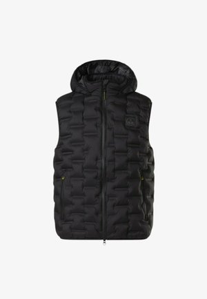 Gilet a vento nero con cappuccio, caratterizzato da un design trapuntato, chiusura con zip e due tasche laterali con discreto branding e dettagli della zip verde.