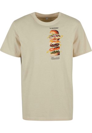 Bežna bombažna majica z grafiko zloženega burgerja z različnimi dodatki. Kratki rokavi in krožni ovratnik.