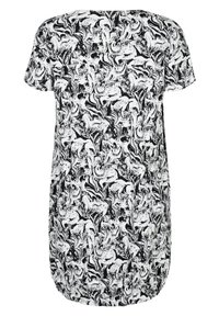 Robe manches courtes noir et blanc avec motif floral abstrait, ourlet arrondi et coupe décontractée vue de dos.