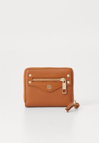 Brown leather wallet with a zippered coin pocket, gold-tone hardware, and an embossed logo. Compact rectangular shape with a textured finish.
