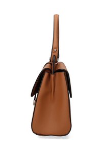 Borsa a mano in pelle color cuoio con design strutturato, bordi neri a contrasto, manico singolo e superficie liscia. Rifinita con accessori in metallo.