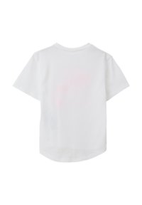 Witte t-shirt met korte mouwen en een ronde halslijn. Glad katoenmateriaal. Effen achterkant met een subtiele gradienttextuur in het bovenste midden.
