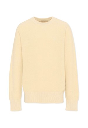 Maglione lavorato a maglia color crema con maniche lunghe, polsini, orlo e scollo tondo a coste, mostrato su sfondo bianco semplice.