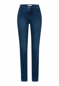 Jeans in denim blu scuro con vita alta, vestibilità slim e cuciture sottili. Presentano tasche frontali e una chiusura con un solo bottone.