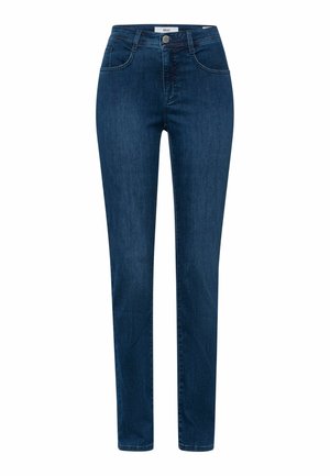 Dunkelblaue Denim-Jeans mit hoher Taille, schmaler Passform und dezenten Nähten. Verfügt über Fronttaschen und einen einzelnen Knopfverschluss.