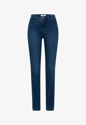 Mørkeblå denim jeans med høj talje, slim fit og diskrete syninger. Har forlommer og en enkelt knaplukning.