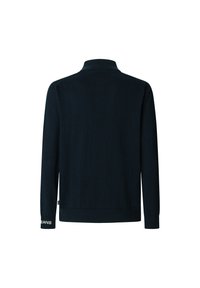Pullover blu navy con colletto alto, maniche lunghe, polsini a coste e un dettaglio logo sulla manica. Realizzato in un tessuto morbido con una texture liscia.