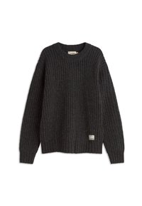 Dark gray ribbed sweater with a round neckline, relaxed fit, and side slits. Features a small label at the bottom hem. Textured fabric.