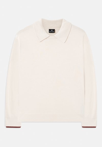 Krējuma krāsas adīta džemperis ar lielu ribotu apkakli, garām piedurknēm un ribotām aprocēm, kuru apmalē ir bordo akcenti.