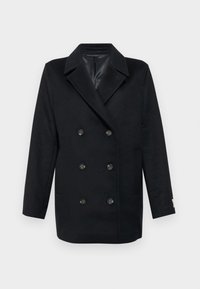 Zwarte dubbelbreasted jas met een gesneden kraag, voorzien van zes ronde knopen en twee zijzakken. Glad oppervlak met een op maat gemaakte pasvorm.
