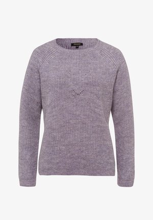 Jersey de punto en un suave color púrpura claro, con mangas largas, cuello redondo, patrón texturizado y pequeño detalle en forma de corazón en el frente.