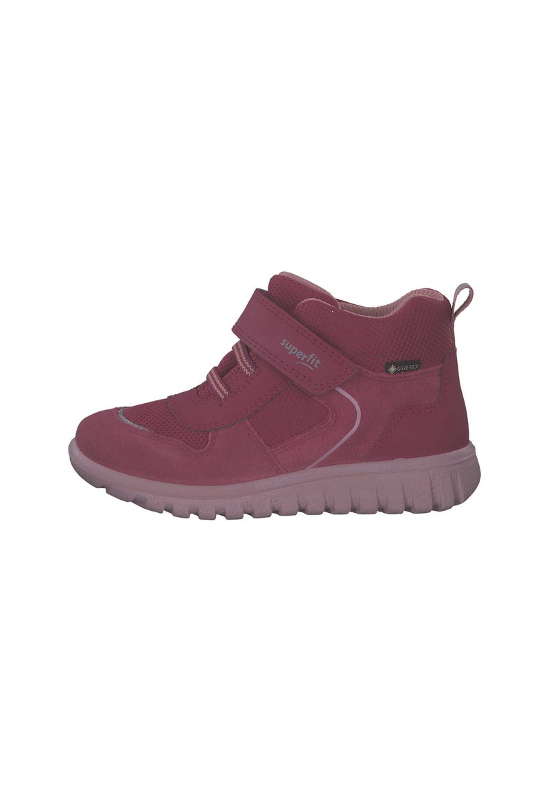 Scarpa bassa per bambini di color bordeaux, con una fascia in velcro, suola in gomma, tessuto testurizzato e linguetta sul tallone imbottita per facilitare la calzata.